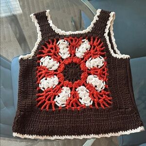Handmade Crochet Tank Top with Red and White Floral Design